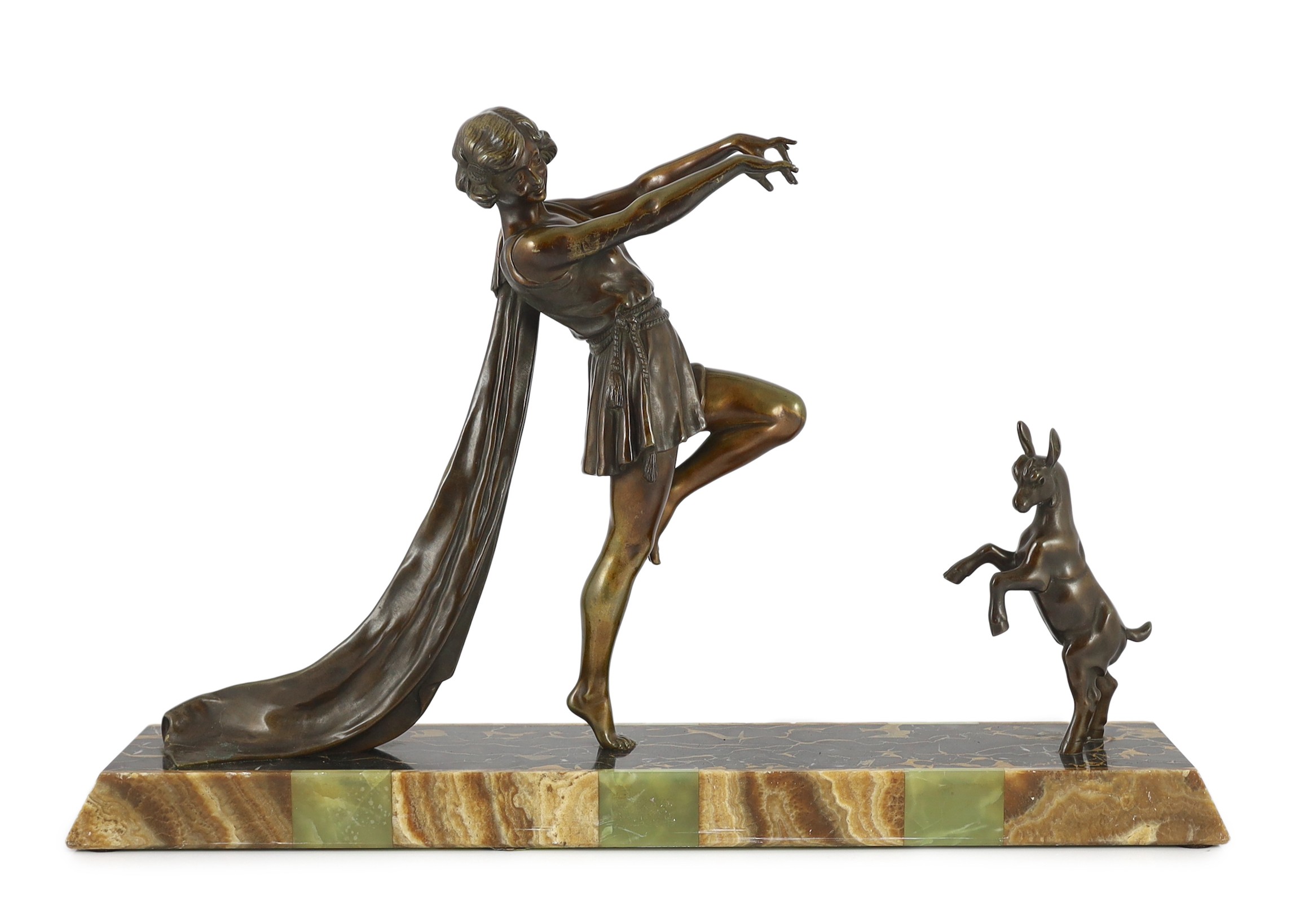 Emile Carlier. A French Art Deco bronze and marble group of a toga dancer with a kid, 71cm wide, 46cm high